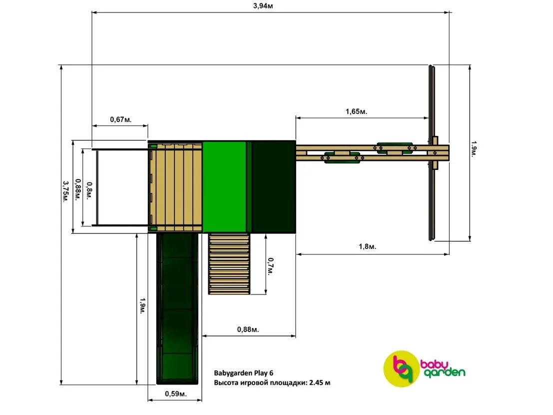 Детская игровая площадка BabyGarden Play 6 LG с турником, веревочной лестницей, кольцами и светло-зеленой горкой 2,20 метра