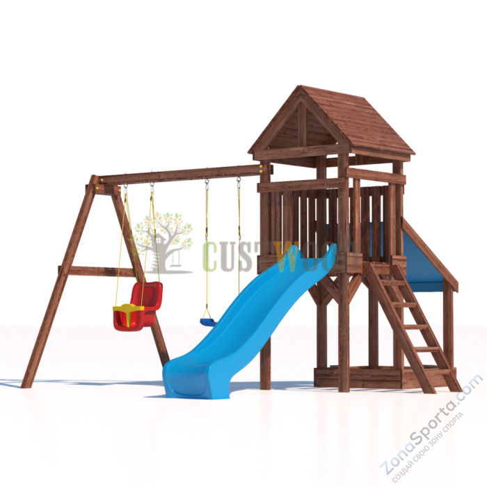 Детская деревянная игровая площадка для улицы дачи CustWood Scout SC6 с деревянной крышей