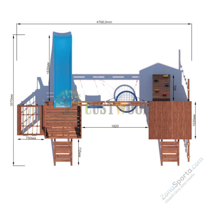 Детская деревянная игровая площадка для улицы дачи CustWood Scout SC9 с деревянной крышей