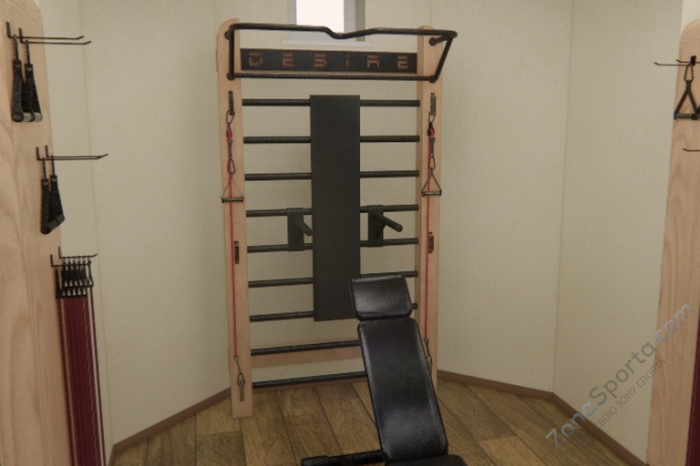 Шведская стенка с эспандерами, брусьями и скамьей Desire Eco Plus